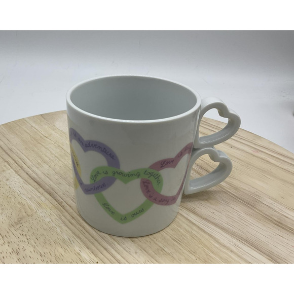 Avon Heart Handle Coffee Mug Cup Double Heart White Pastel Love Words Ceramic - Picture 1 of 6